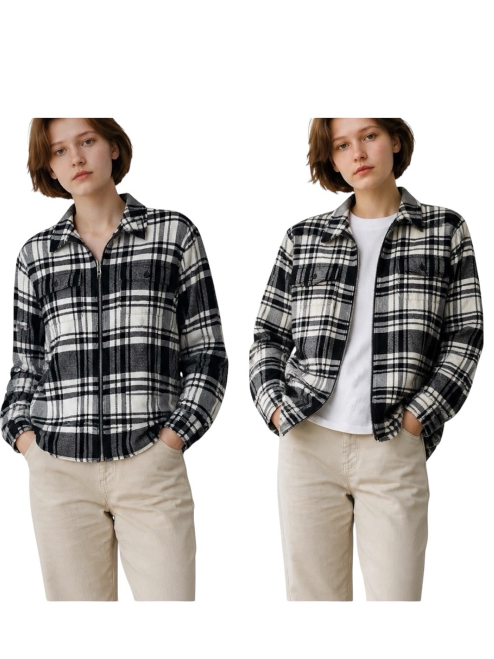 CHAPS DENIM Shirt Jacket, black white plaid flannel, all cotton Full zip sz Med